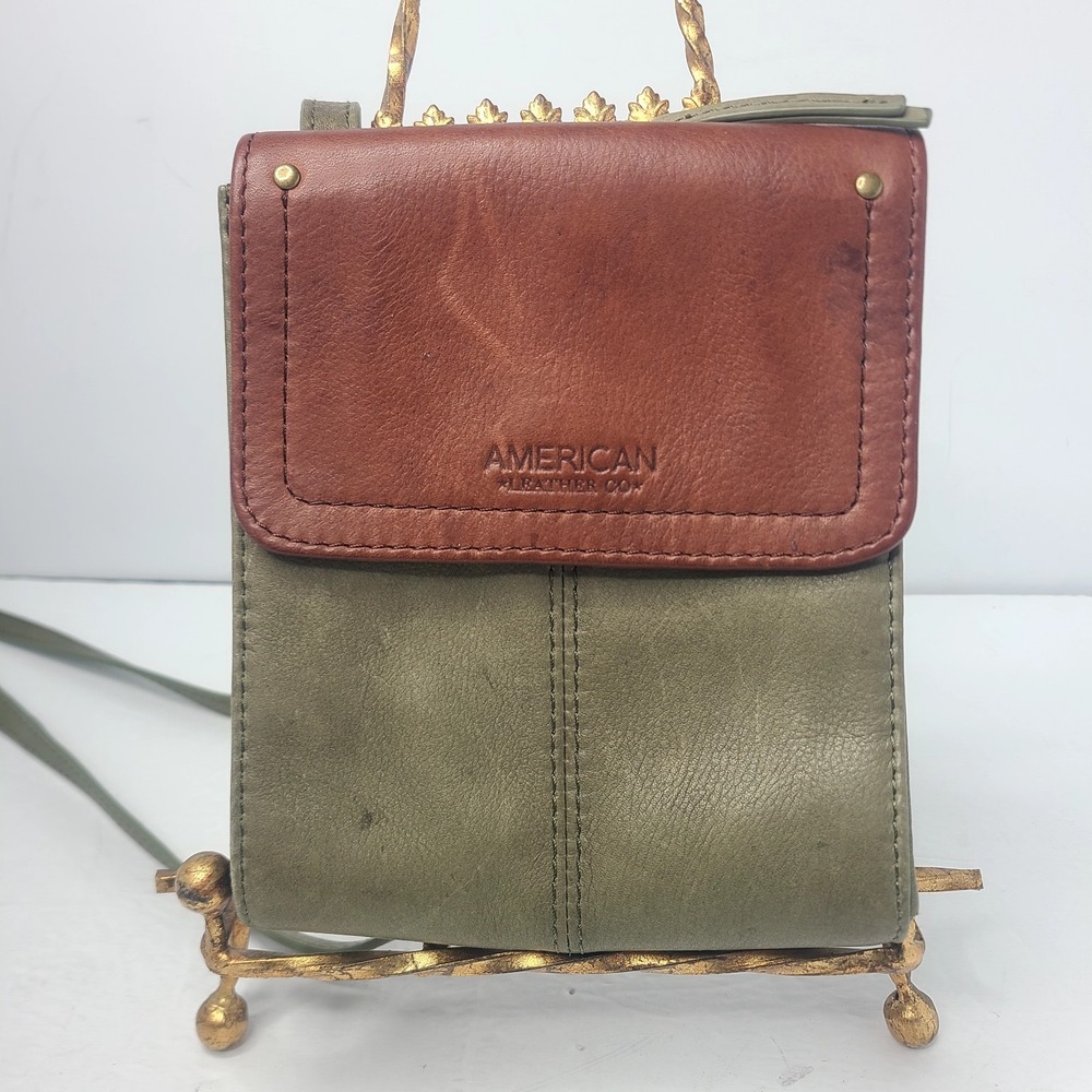American Leather Co. Green‎ Brown Kansas Travel Organizer Crossbody Bag Purse